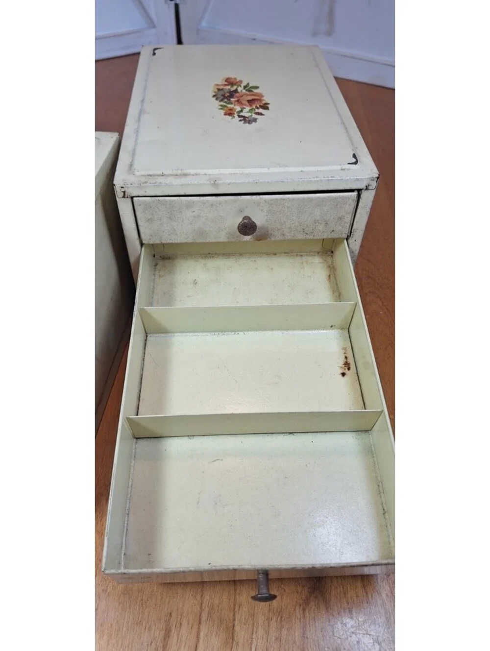 2 VTG Metal 3 Drawer Jewelry/Craft Storage Caddies w/Floral Motif S Brass Knobs.
